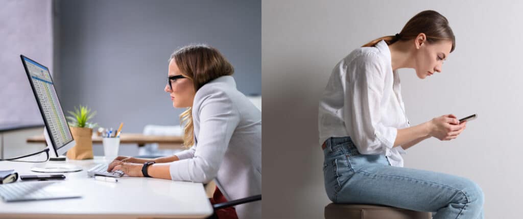 women with bad posture on computer and phone