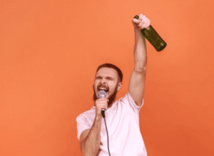 A guy singing karaoke poorly holding a beer