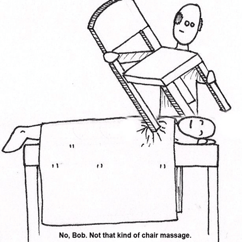 a cartoon of a person giving chair massage with an actual chair